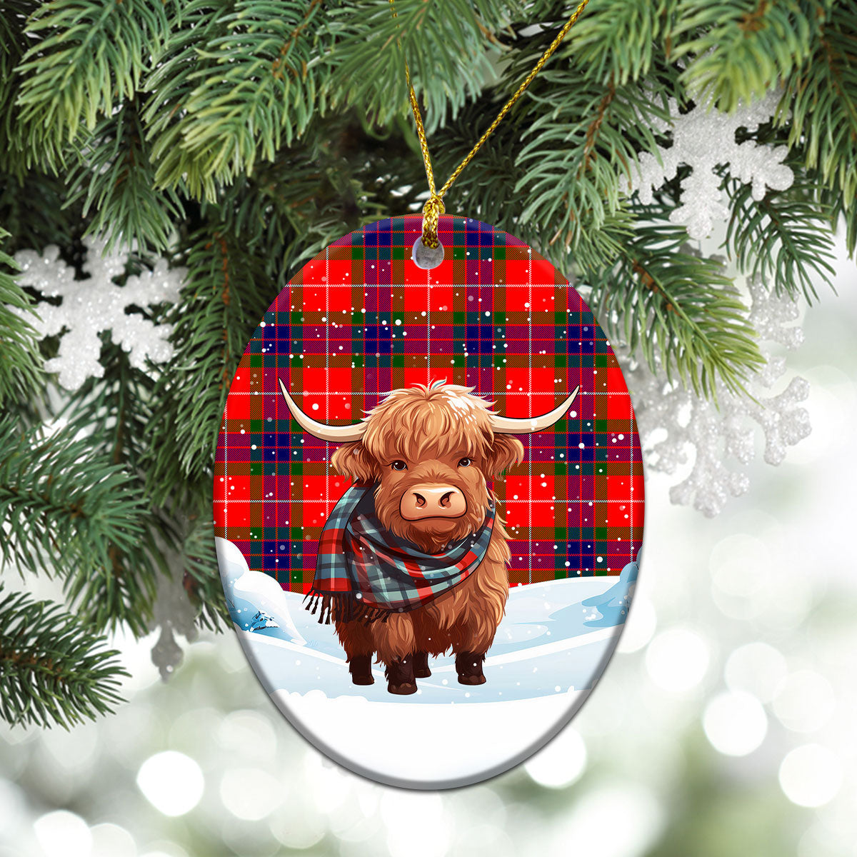 Tweedie Tartan Christmas Ceramic Ornament - Highland Cows Snow Style