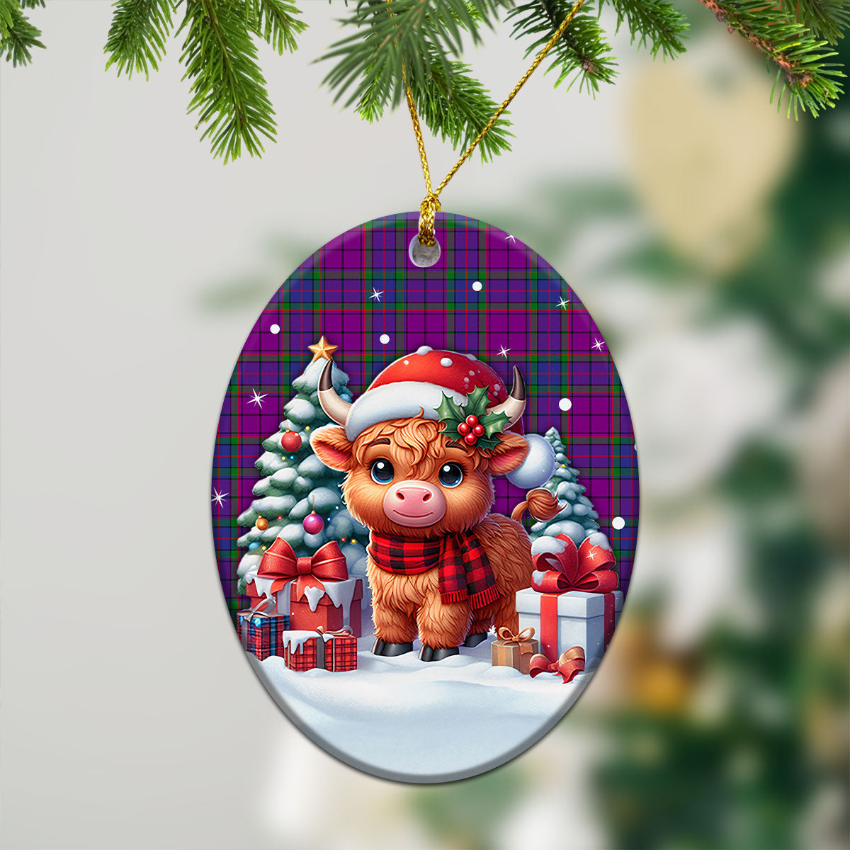 Wardlaw Modern Tartan Christmas Ceramic Ornament - Highland Cow Winter Style