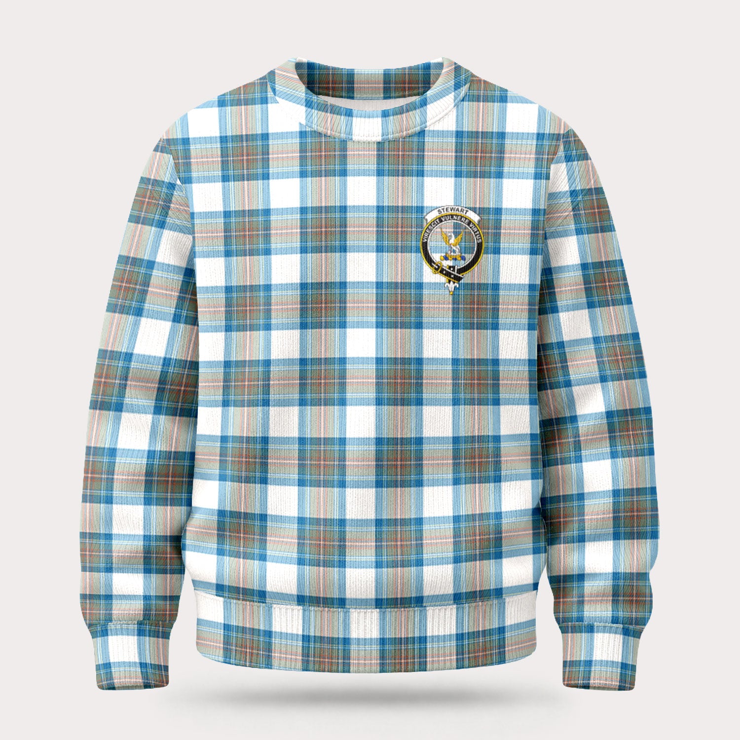Stewart Muted Blue Tartan Crest Sweater
