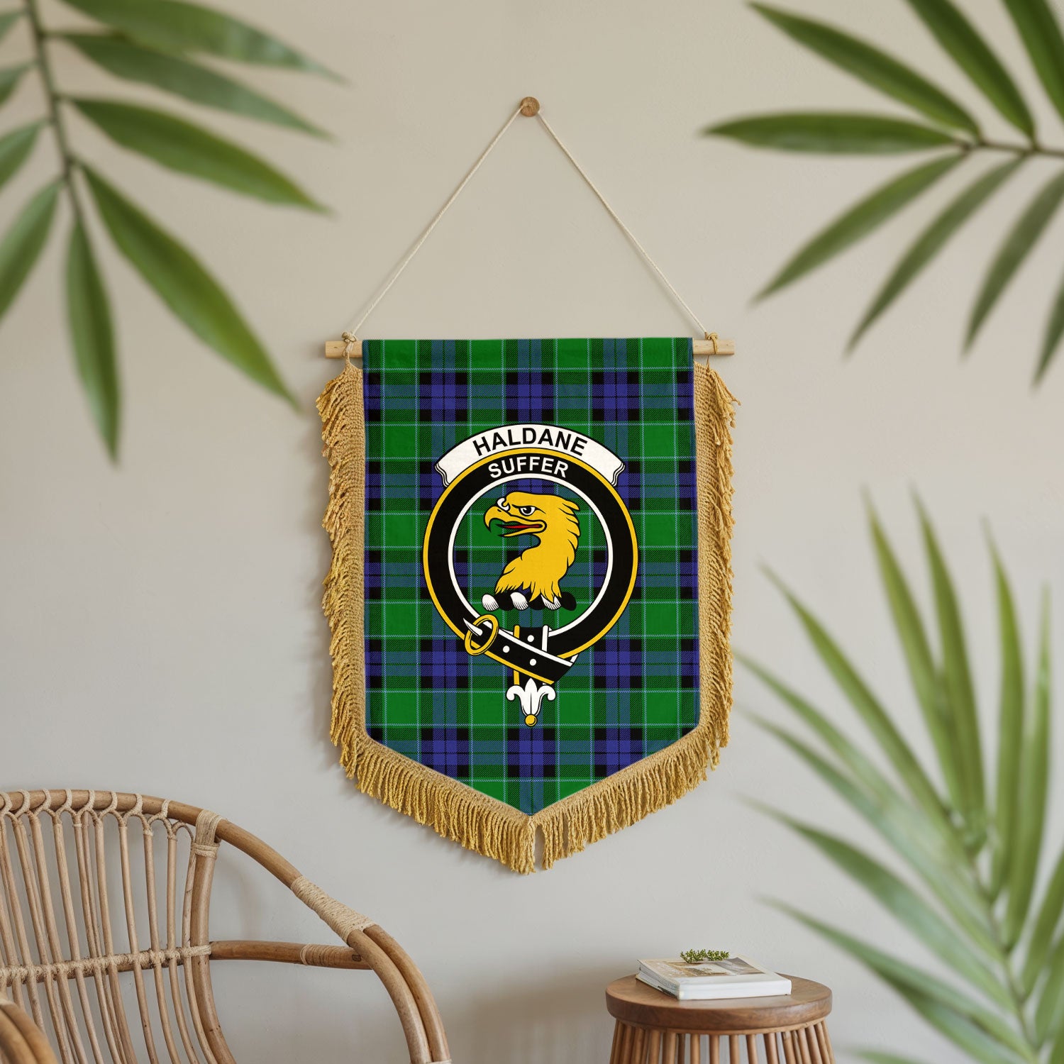 Haldane Tartan Crest Wall Hanging Banner - Wood Pole
