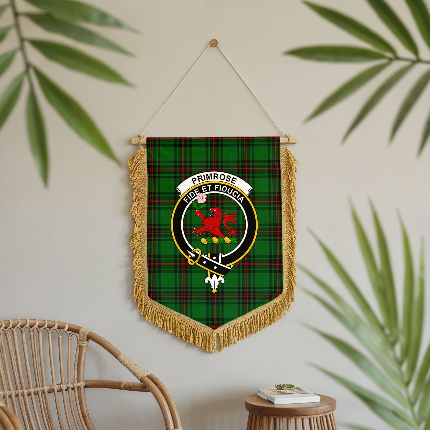 Primrose Tartan Crest Wall Hanging Banner - Wood Pole