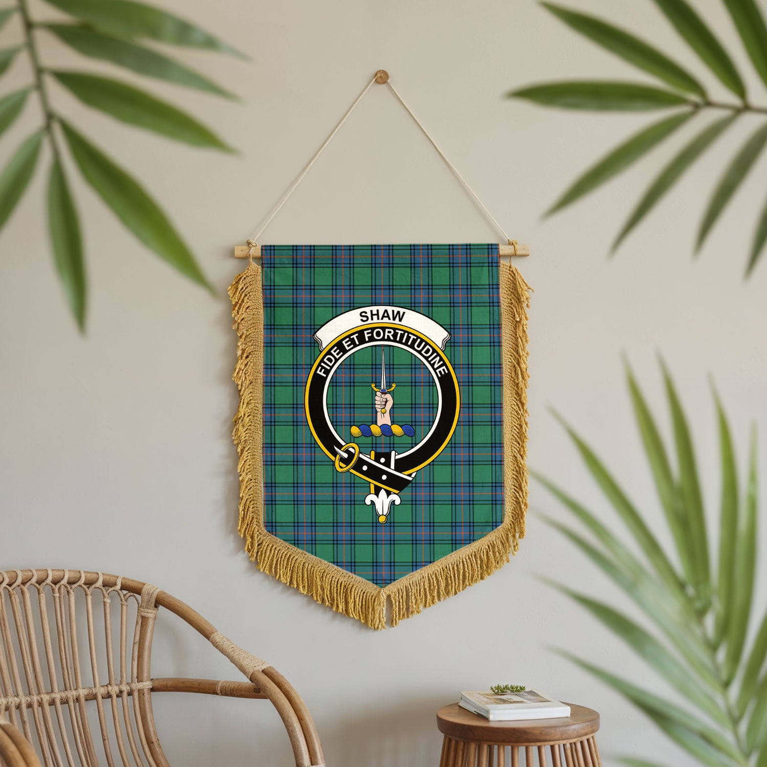 Shaw Ancient Tartan Crest Wall Hanging Banner - Wood Pole