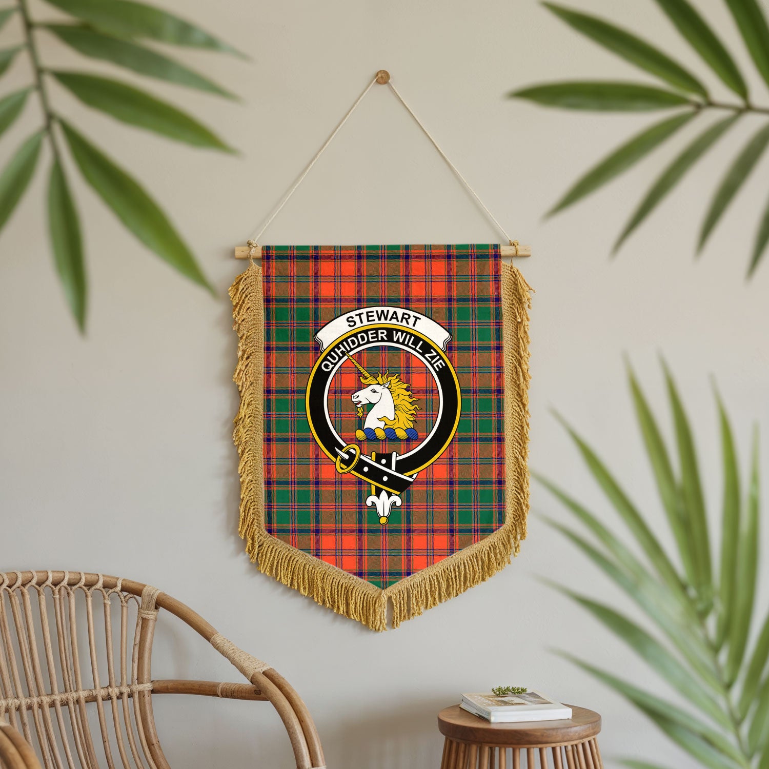 Stewart of Appin Ancient Tartan Crest Wall Hanging Banner - Wood Pole