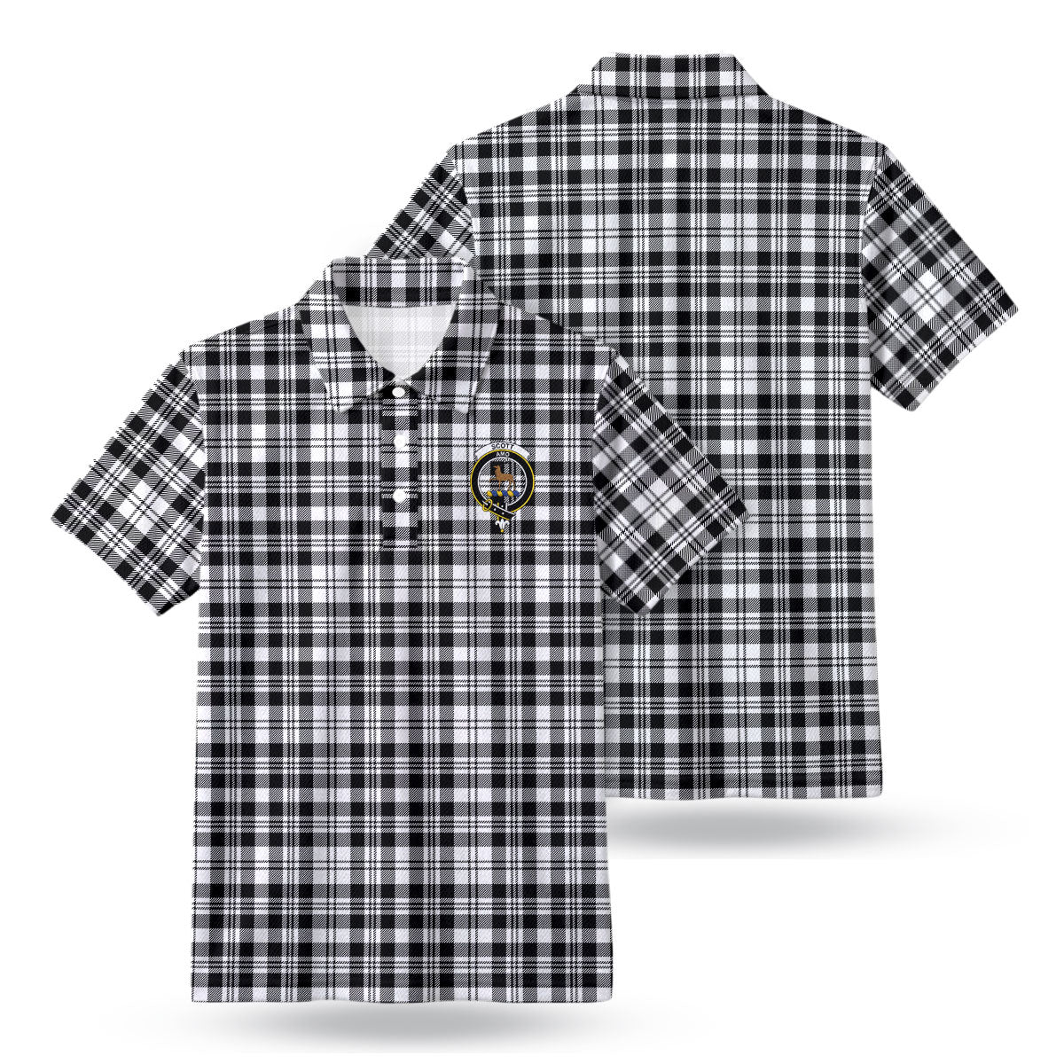 Scott Black & White Modern Tartan Crest Birdseye Mesh Polo Shirt