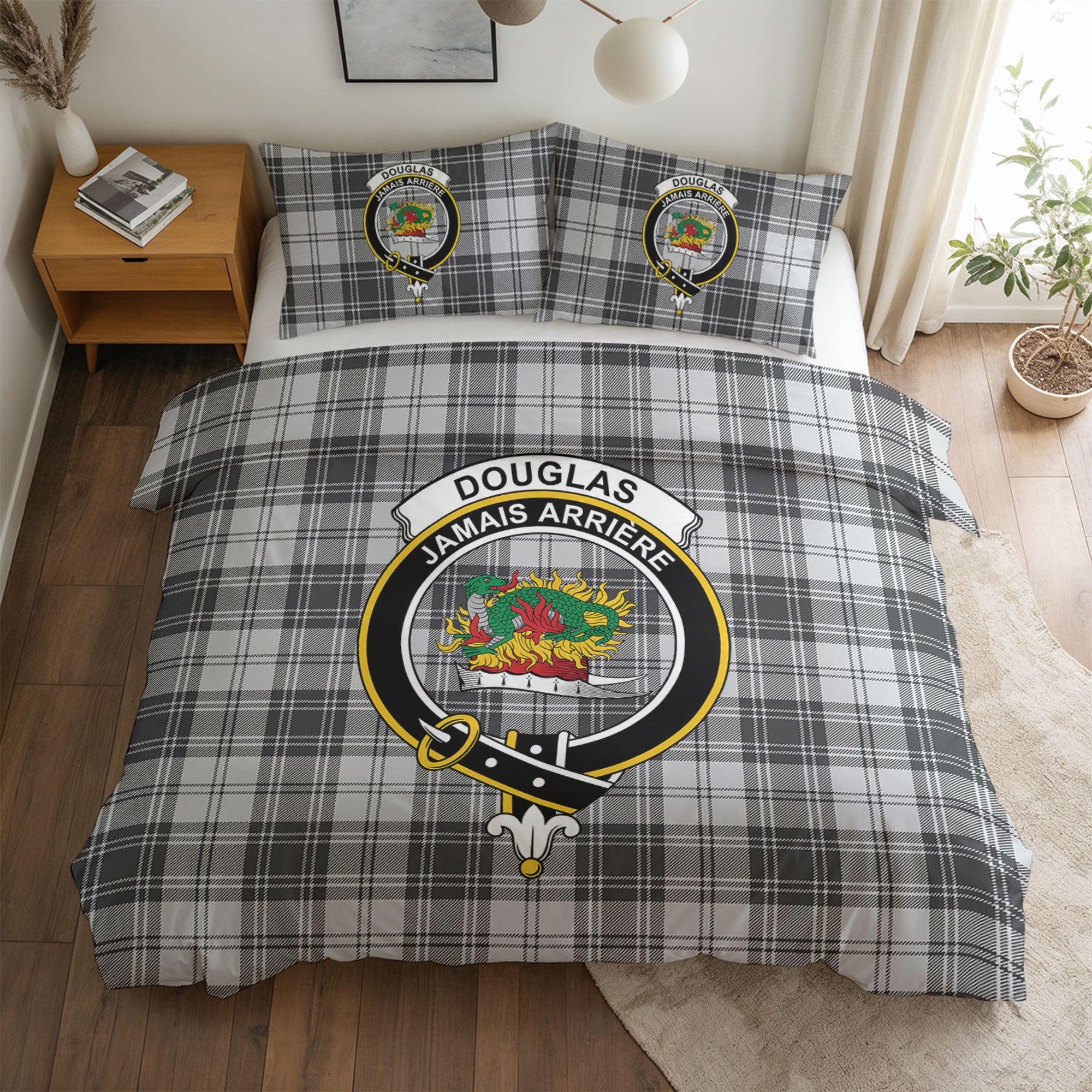 Douglas Grey Modern Tartan Crest Bedding Set