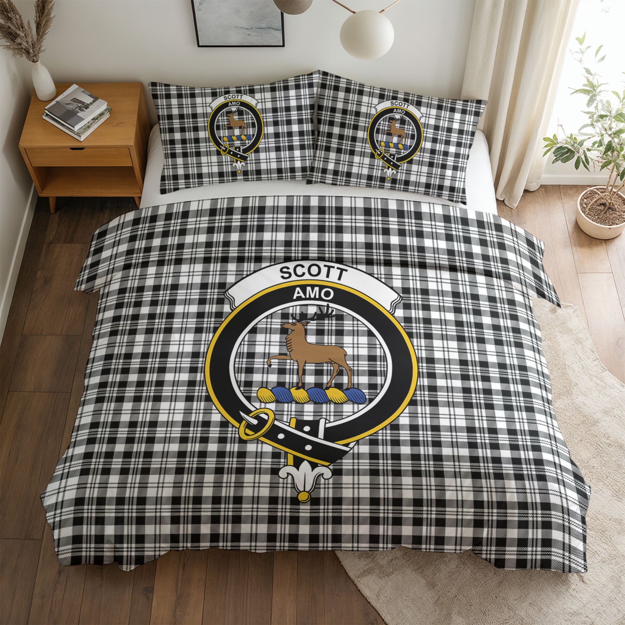Scott Black & White Modern Tartan Crest Bedding Set