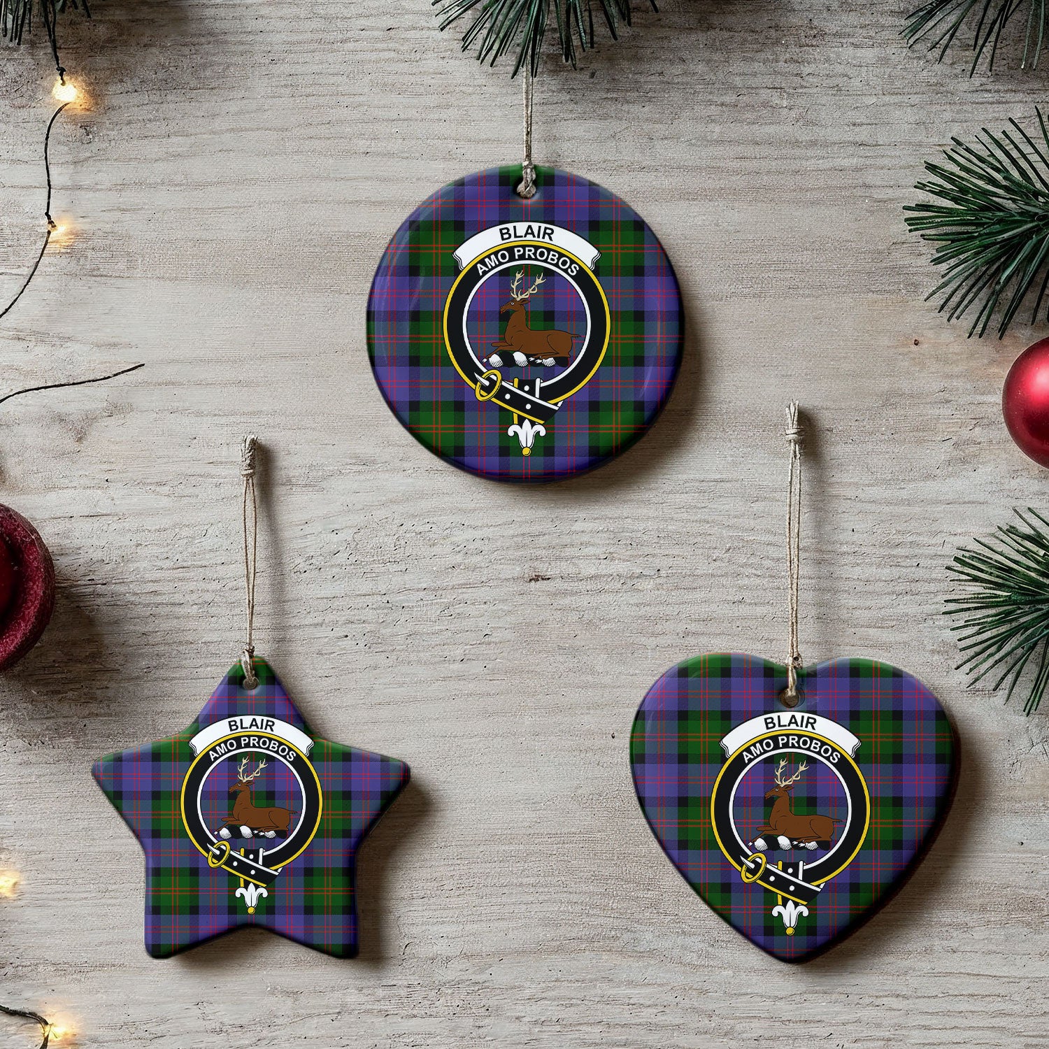 Blair Modern Tartan Crest Christmas Ceramic Ornament