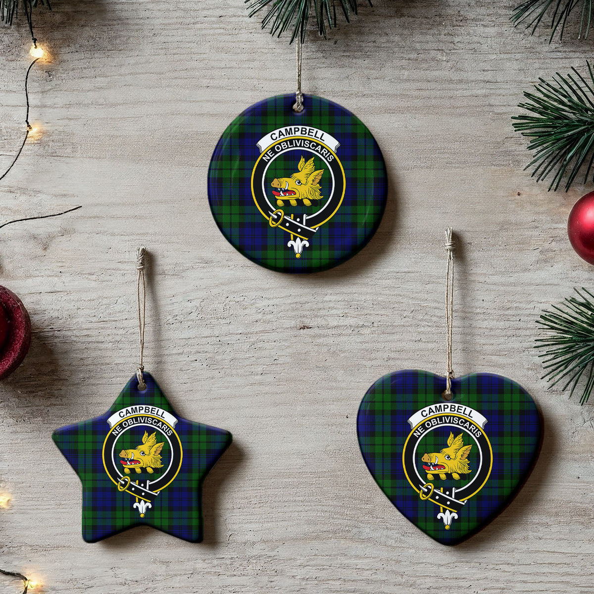 Campbell Modern Tartan Crest Christmas Ceramic Ornament