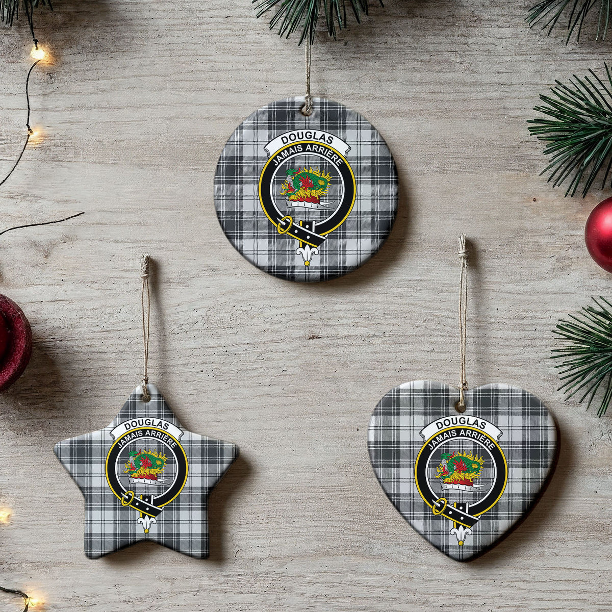 Douglas Grey Modern Tartan Crest Christmas Ceramic Ornament