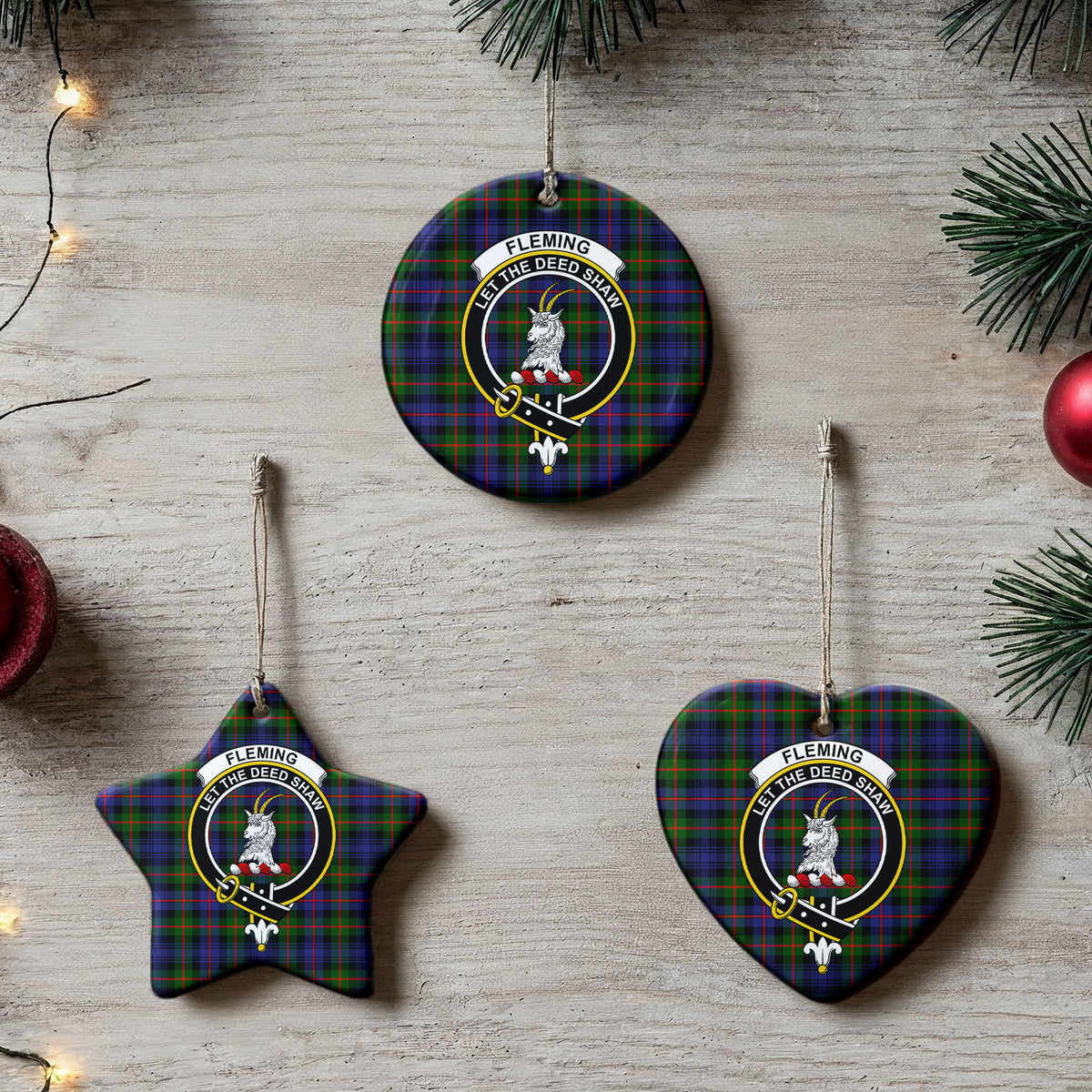 Fleming Tartan Crest Christmas Ceramic Ornament