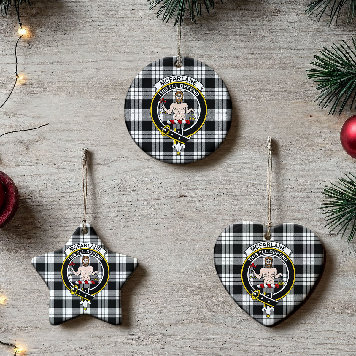 McFarlane Black - White Tartan Crest Christmas Ceramic Ornament