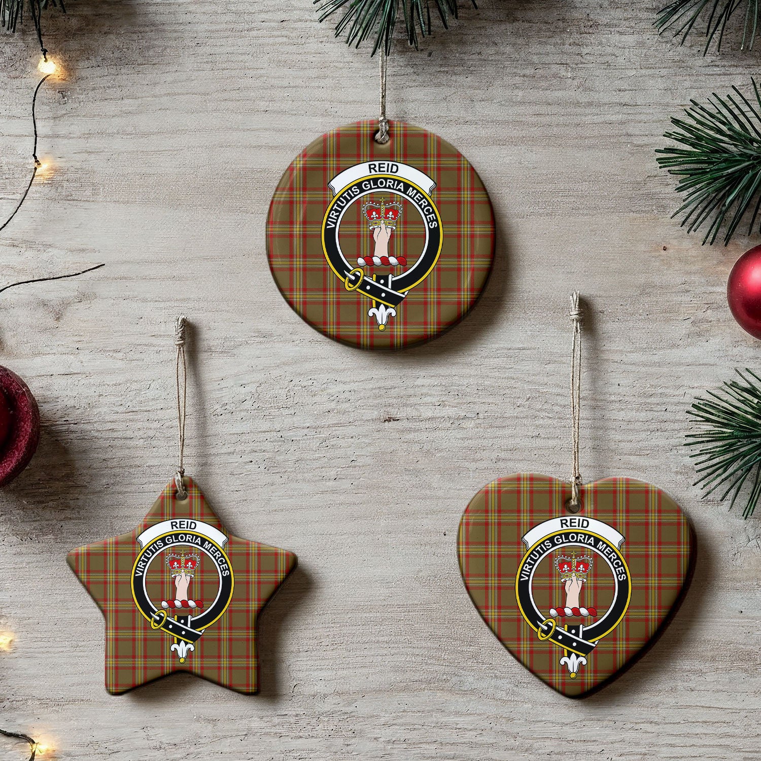Reid Ancient Tartan Crest Christmas Ceramic Ornament