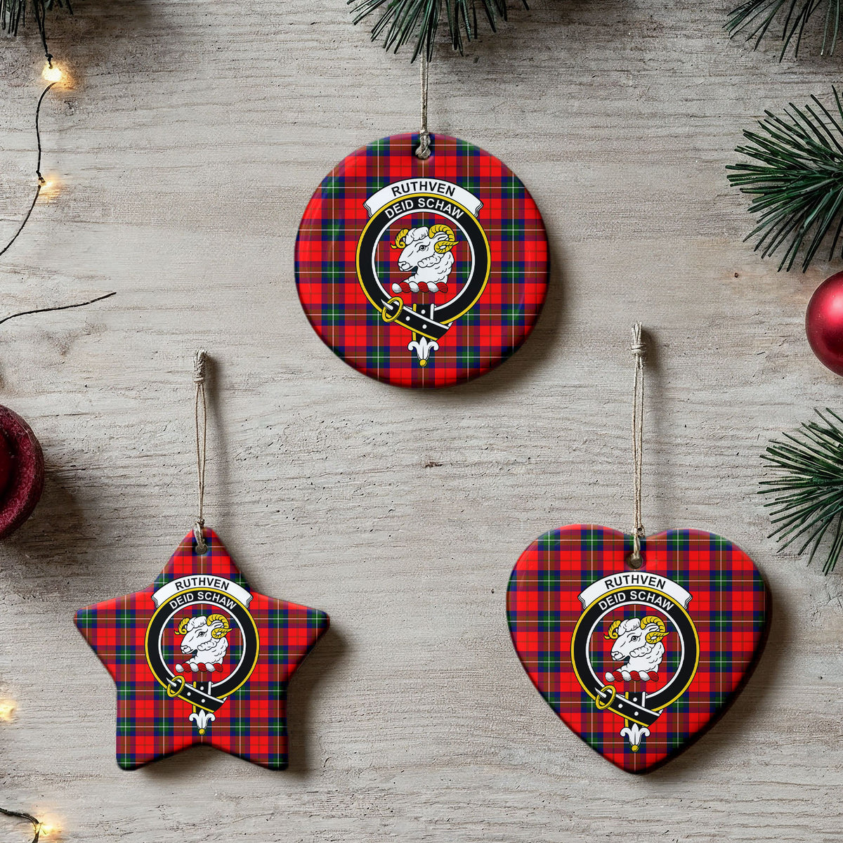 Ruthven Modern Tartan Crest Christmas Ceramic Ornament