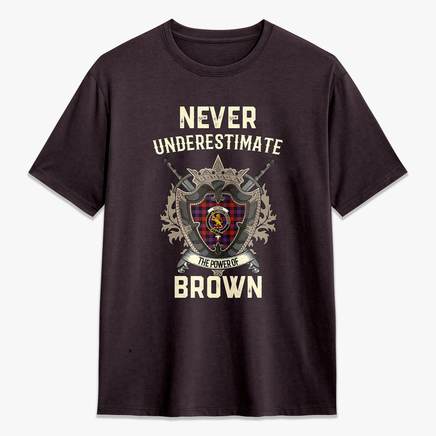 Brown Modern Tartan Crest 2D T-shirt - Never Underestimate Style