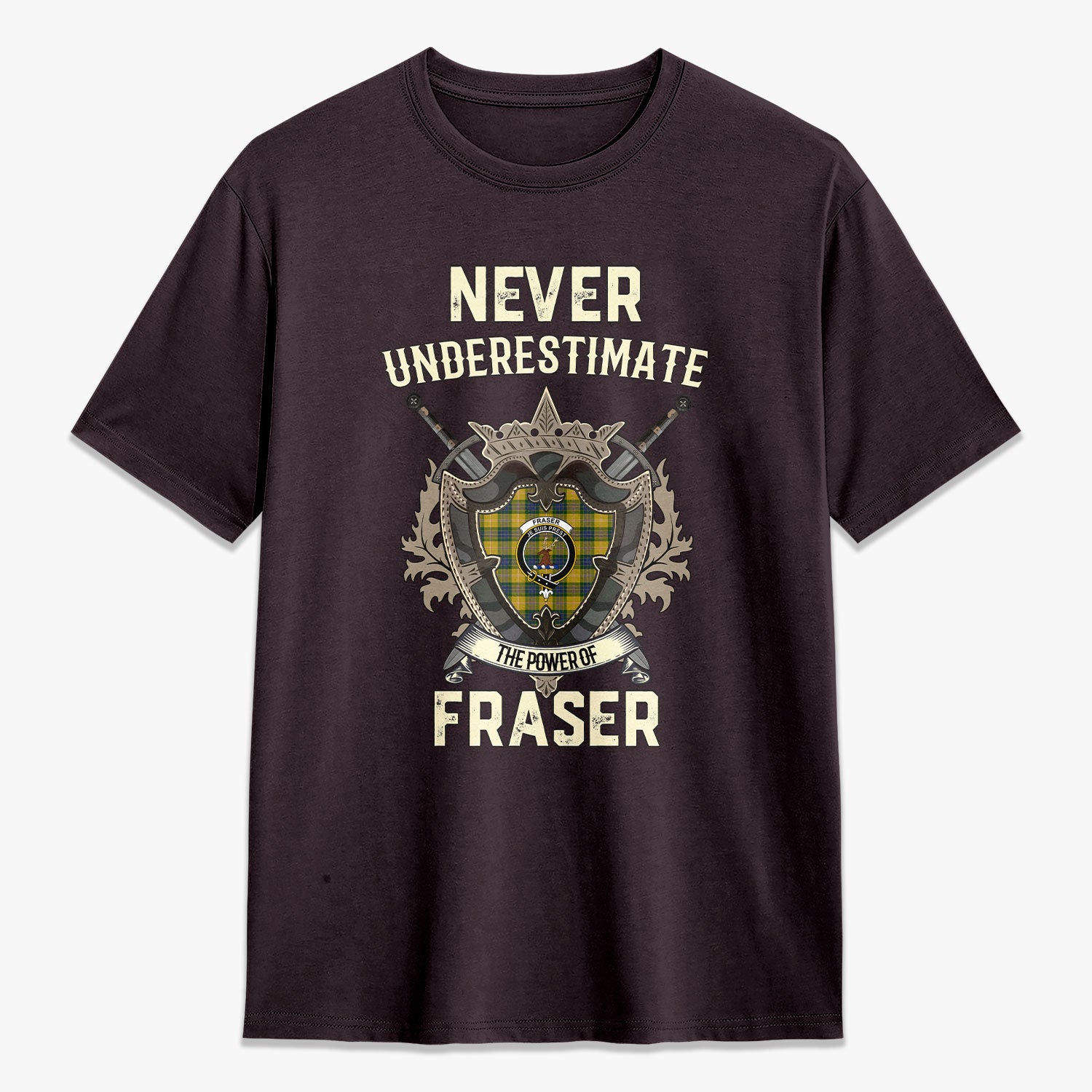 Fraser (of Lovat) Yellow Tartan Crest 2D T-shirt - Never Underestimate Style