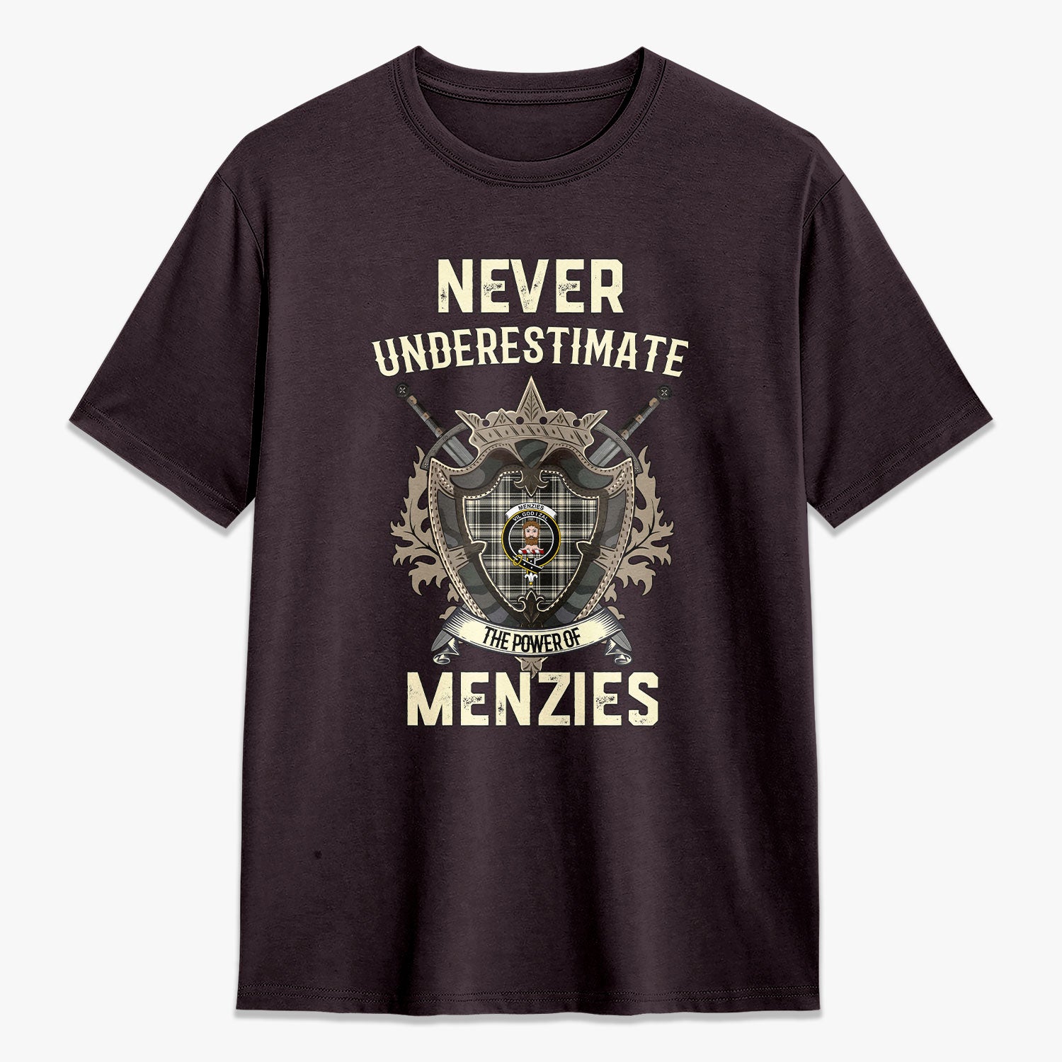 Menzies Black - White Ancient Tartan Crest 2D T-shirt - Never Underestimate Style