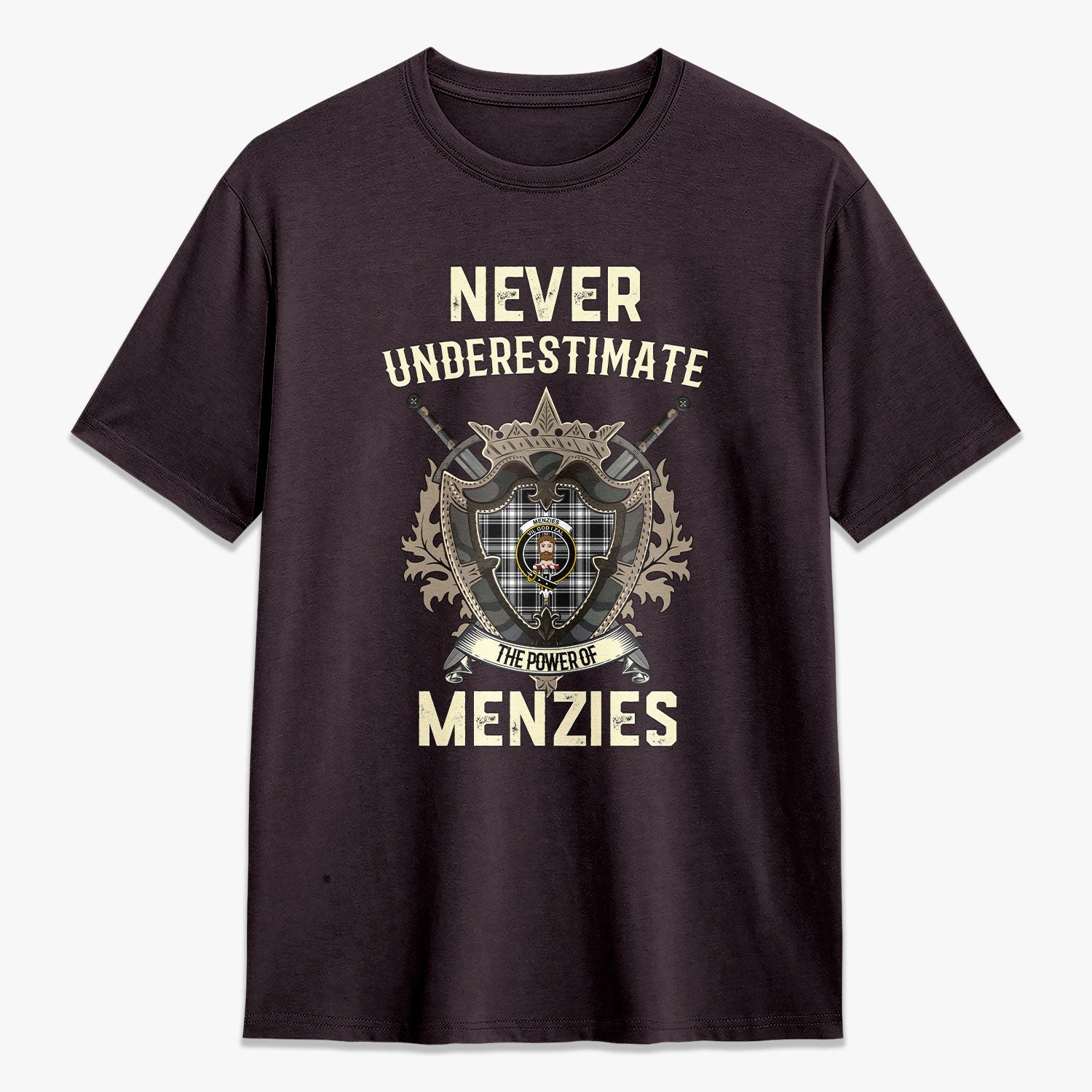 Menzies Black - White Modern Tartan Crest 2D T-shirt - Never Underestimate Style