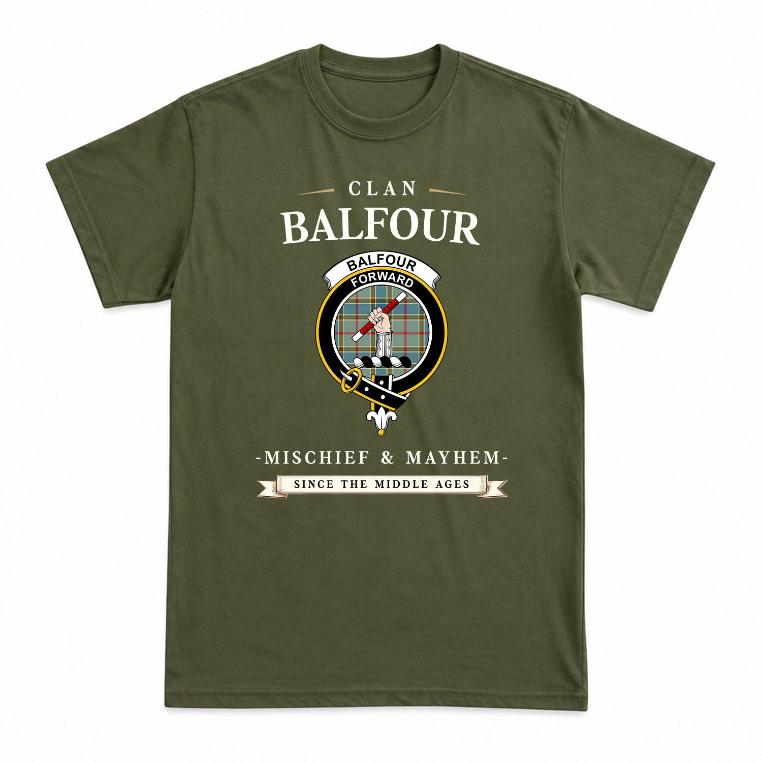 Balfour Blue Tartan Crest Mischief and Mayhem T-shirt