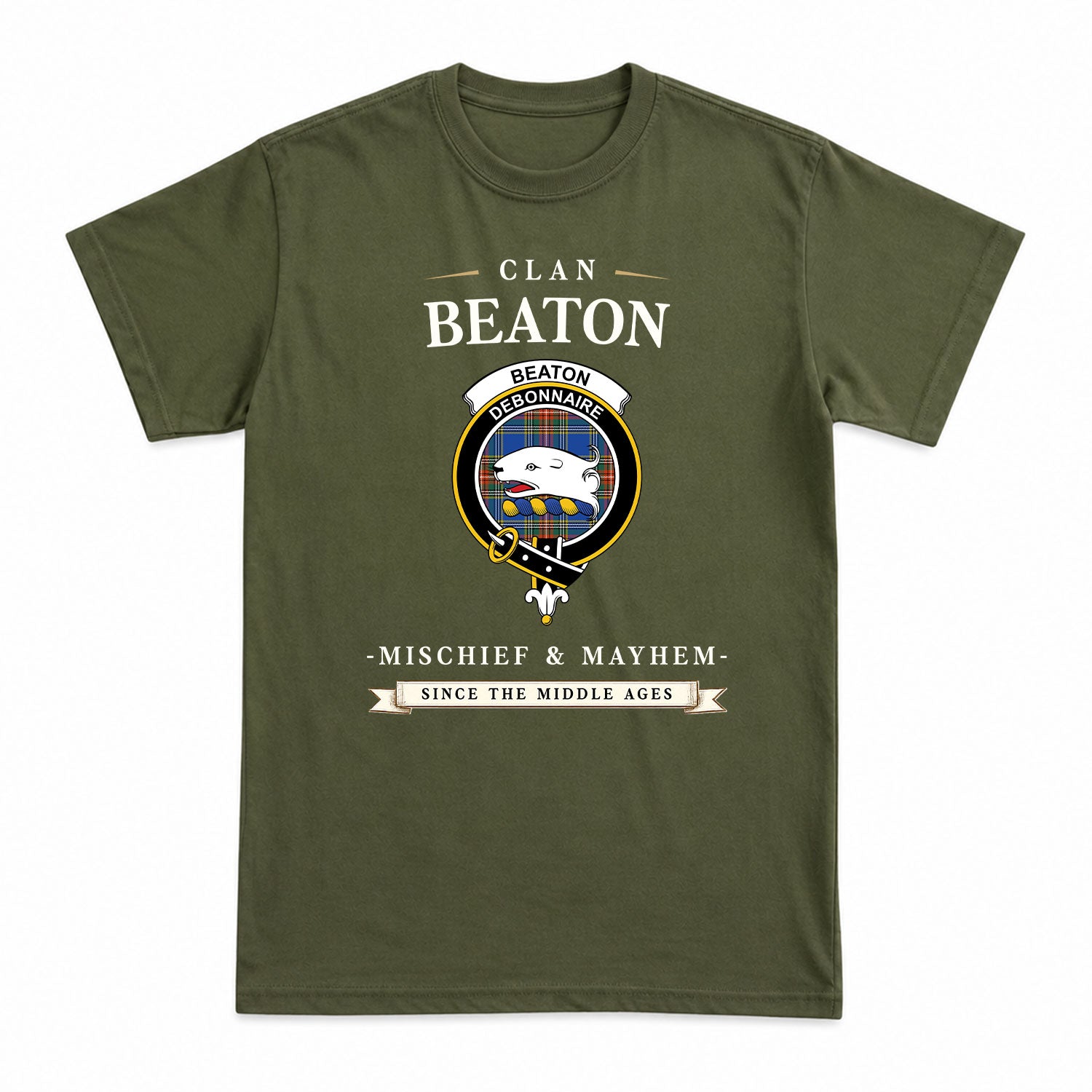 Beaton Ancient Tartan Crest Mischief and Mayhem T-shirt