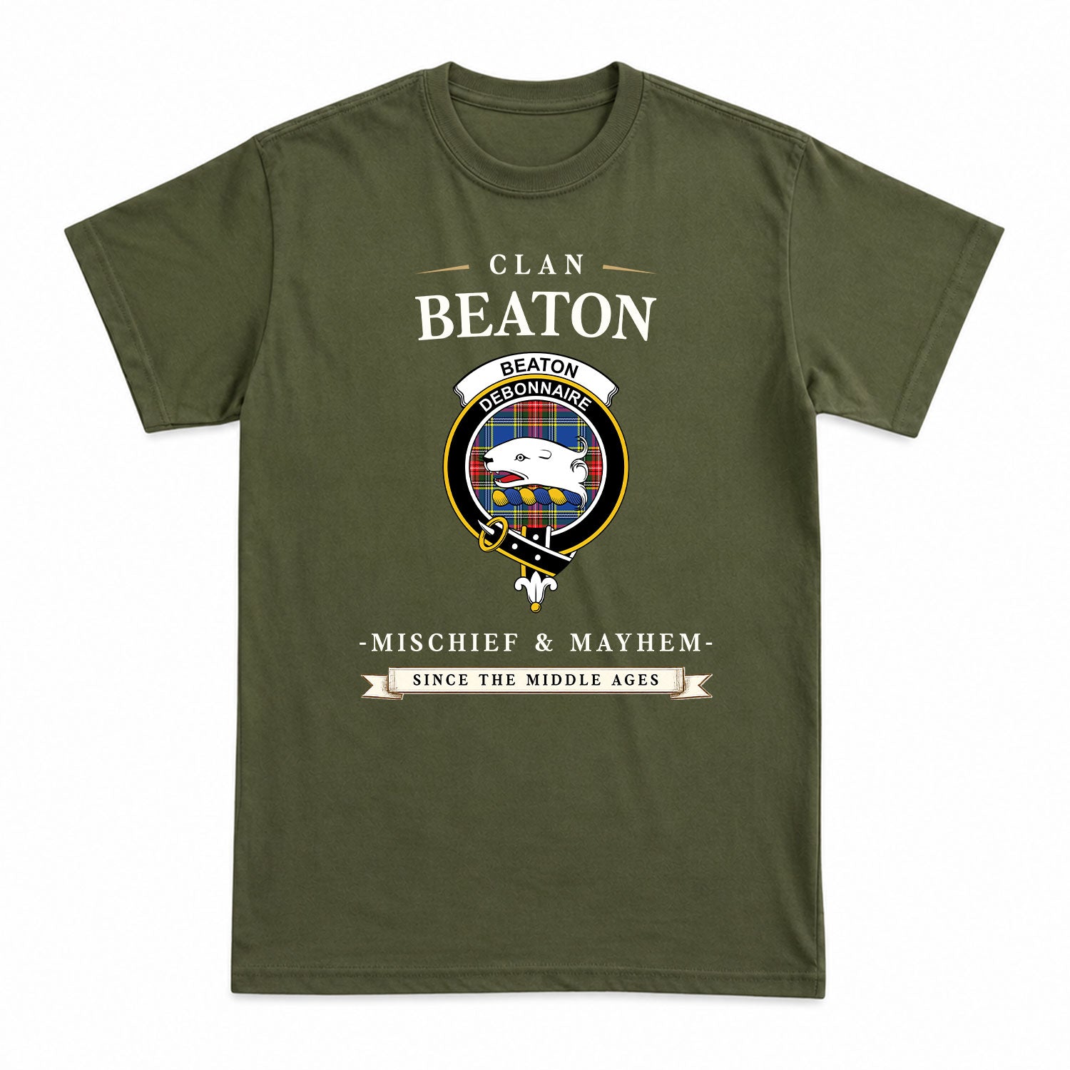 Beaton Modern Tartan Crest Mischief and Mayhem T-shirt