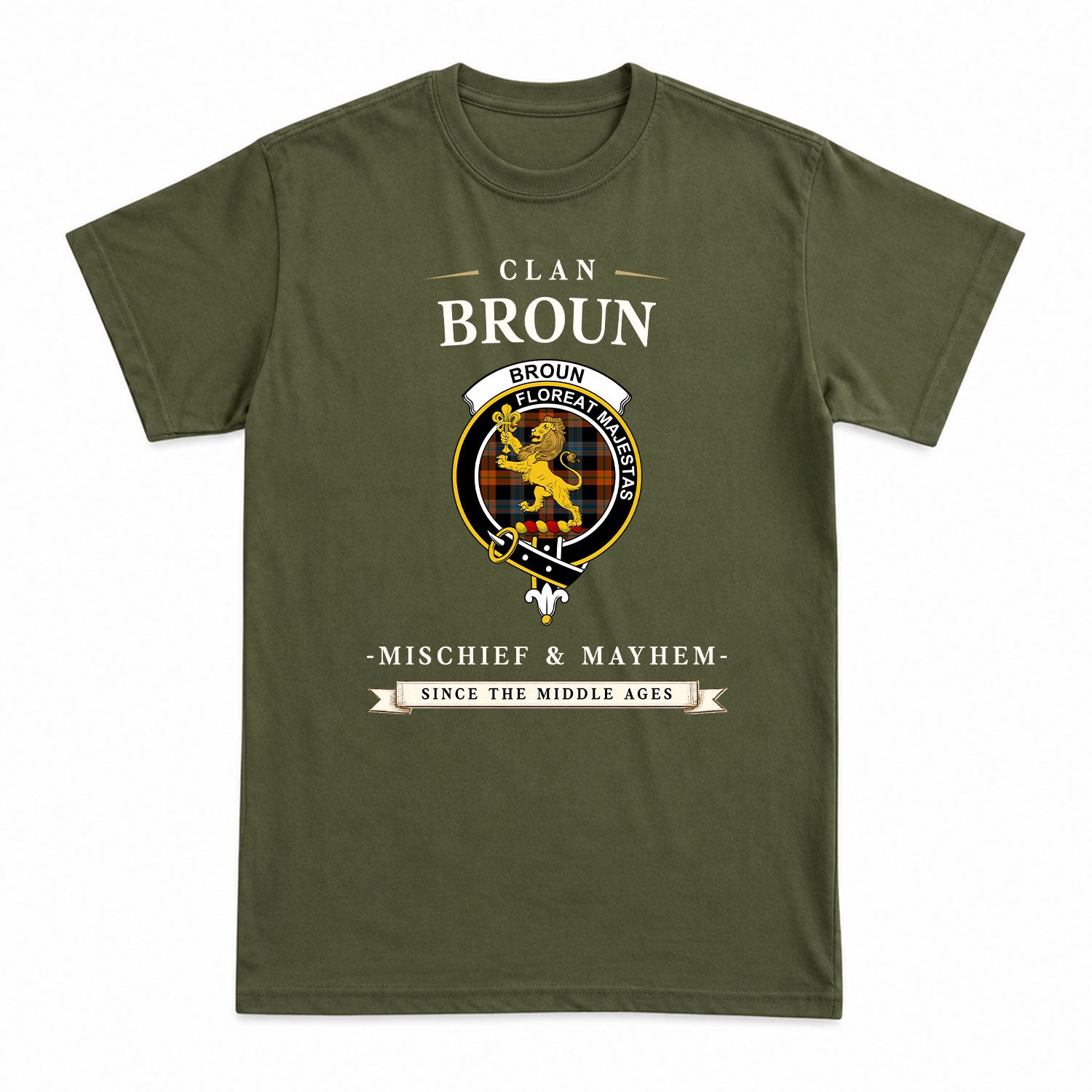 Broun Ancient Tartan Crest Mischief and Mayhem T-shirt