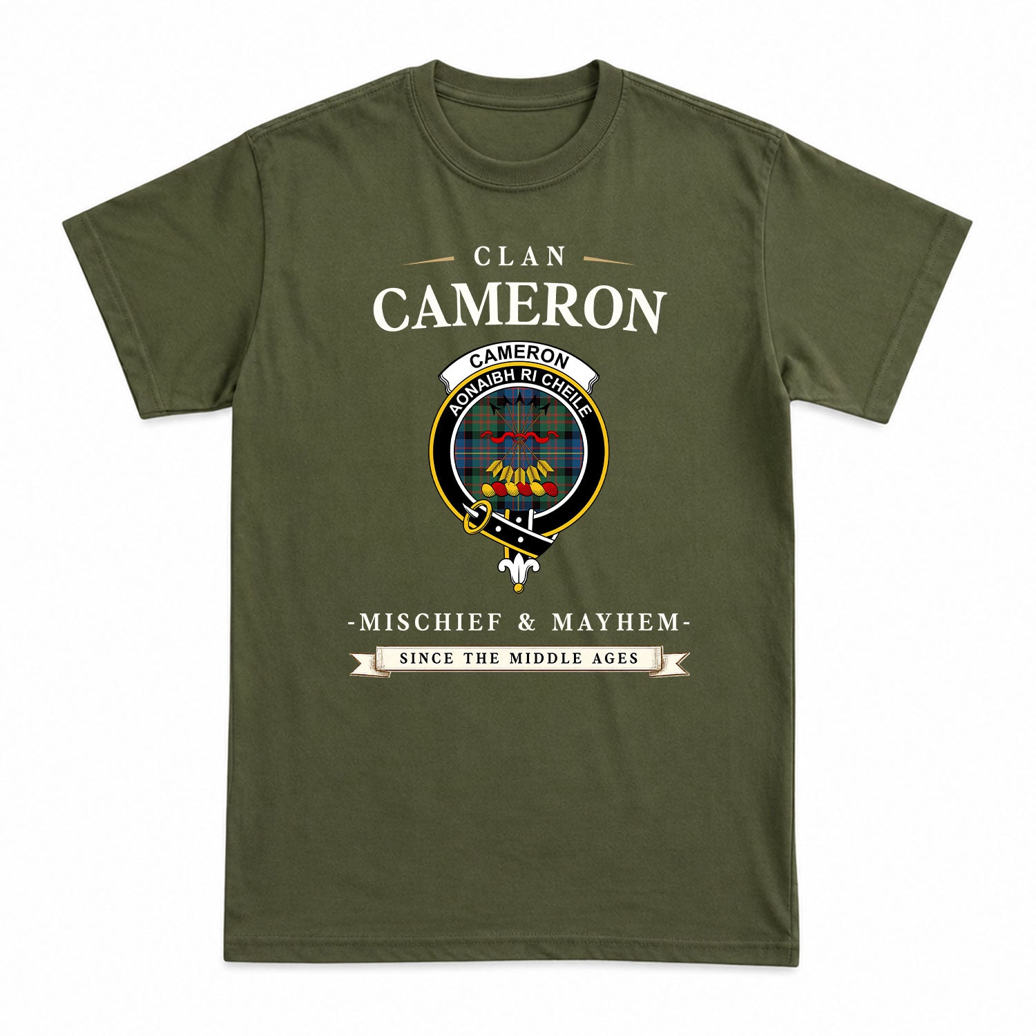 Cameron of Erracht Ancient Tartan Crest Mischief and Mayhem T-shirt
