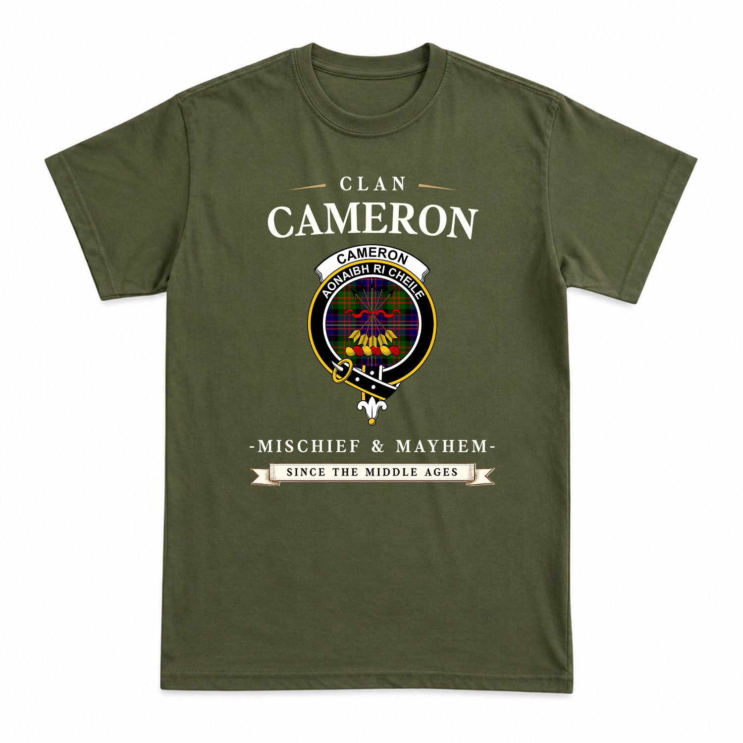 Cameron of Erracht Modern Tartan Crest Mischief and Mayhem T-shirt