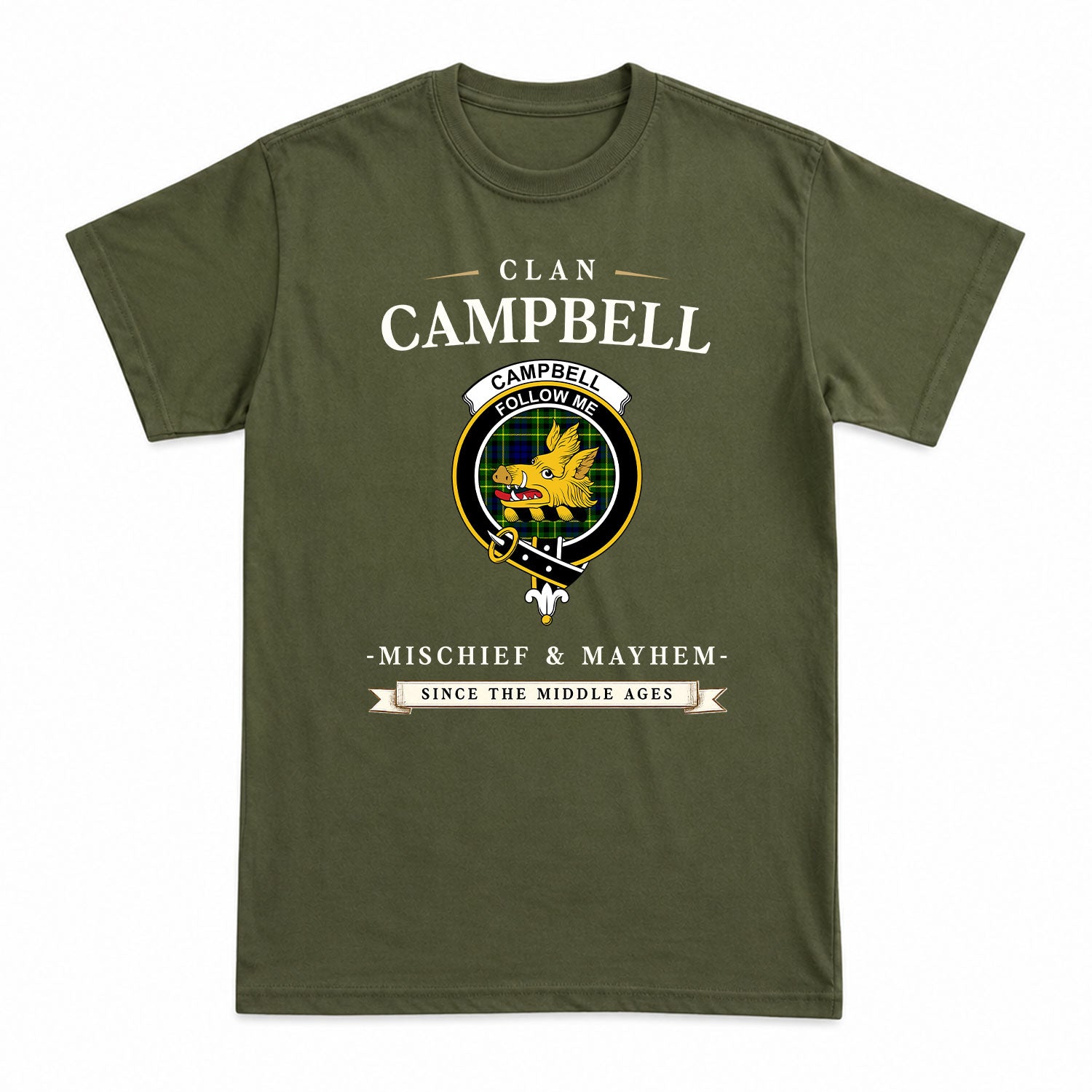 Campbell of Breadalbane Modern Tartan Crest Mischief and Mayhem T-shirt