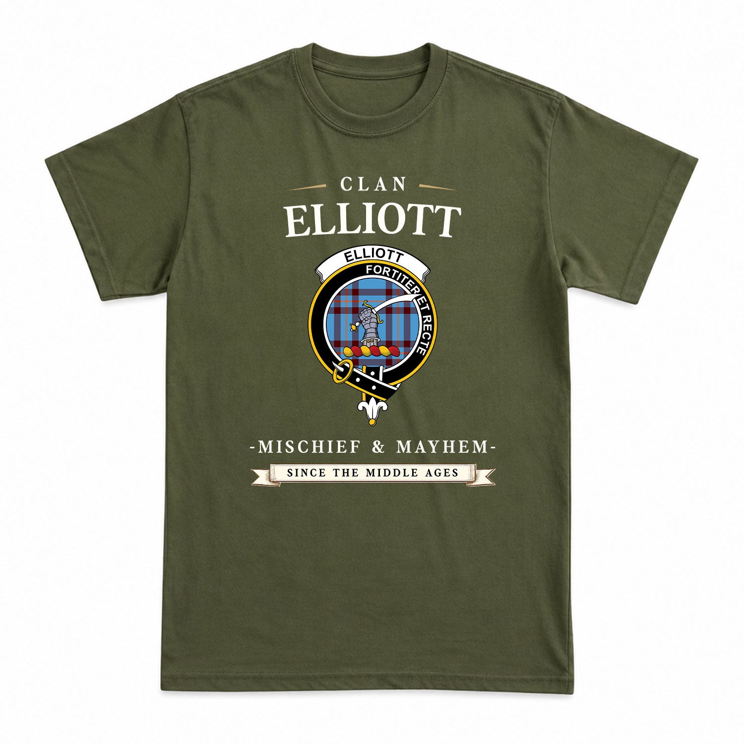 Elliott Ancient Tartan Crest Mischief and Mayhem T-shirt