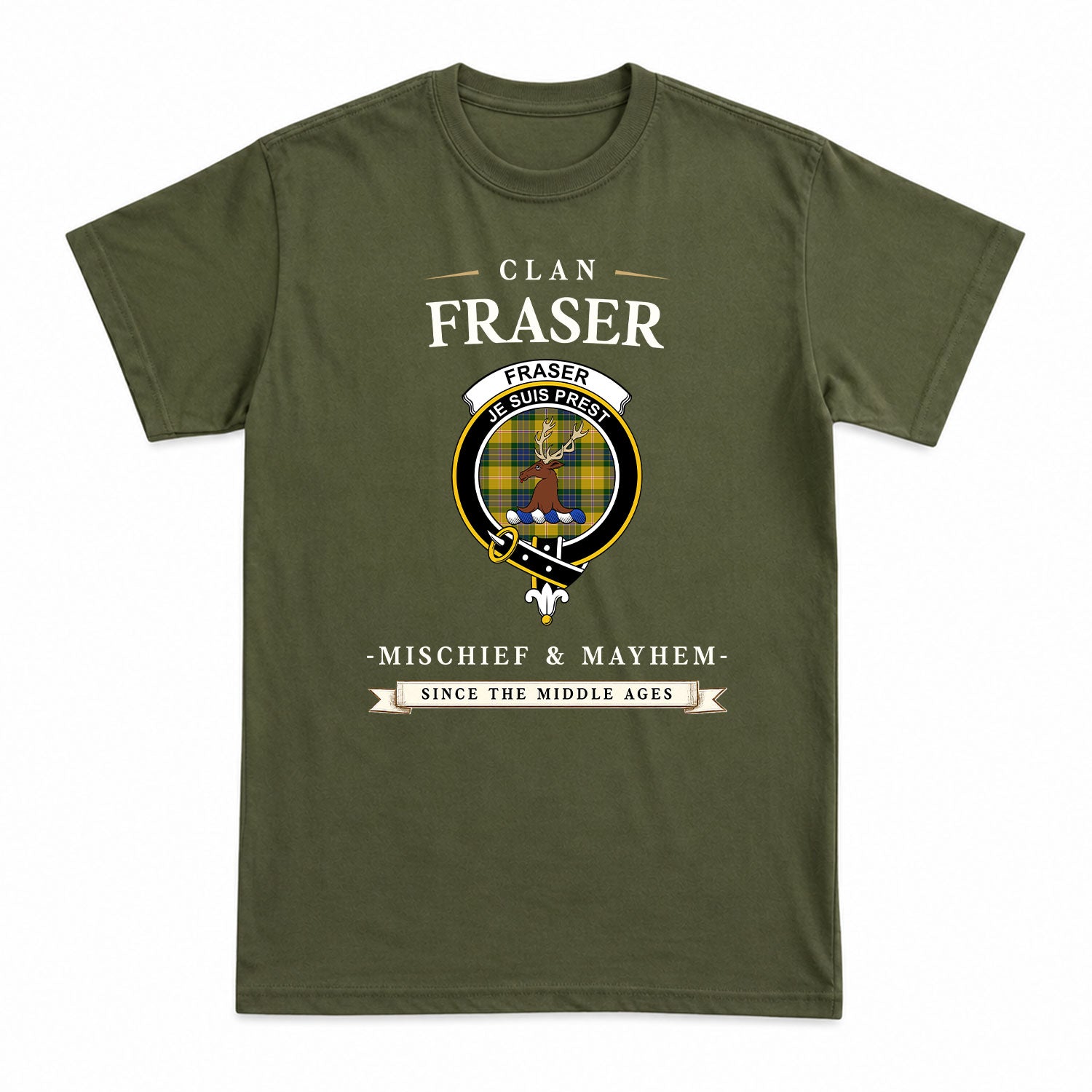 Fraser (of Lovat) Yellow Tartan Crest Mischief and Mayhem T-shirt