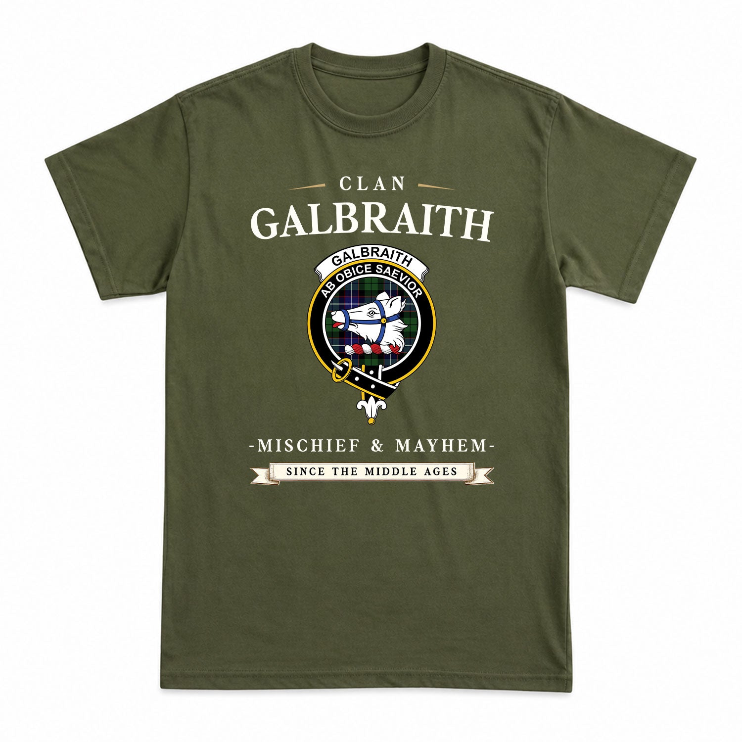 Galbraith Modern Tartan Crest Mischief and Mayhem T-shirt