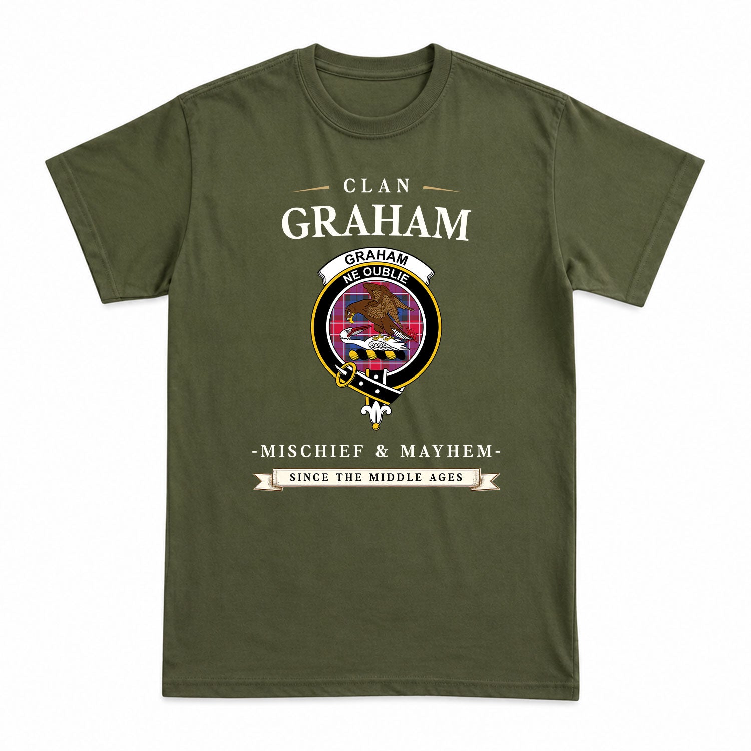 Graham of Menteith Red Tartan Crest Mischief and Mayhem T-shirt
