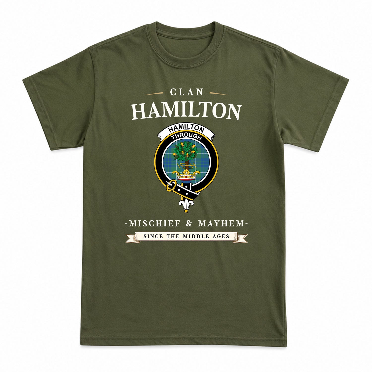 Hamilton Hunting Ancient Tartan Crest Mischief and Mayhem T-shirt