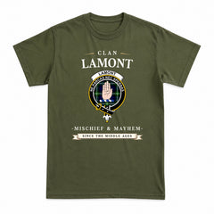 Lamont Modern Tartan Crest Mischief and Mayhem T-shirt