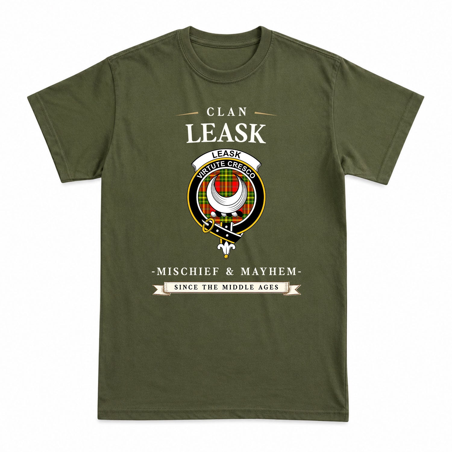 Leask Tartan Crest Mischief and Mayhem T-shirt