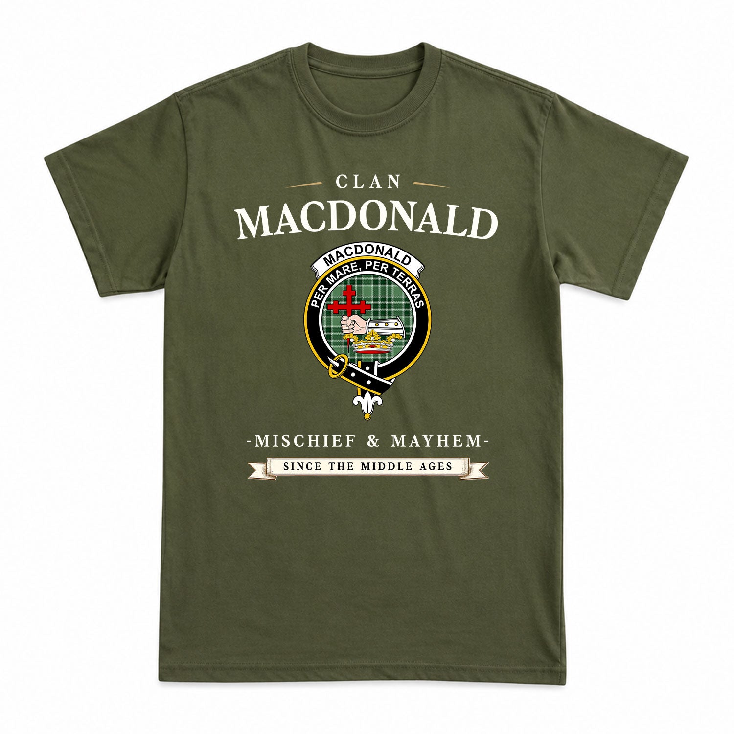 MacDonald Lord of the Isles Hunting Tartan Crest Mischief and Mayhem T-shirt