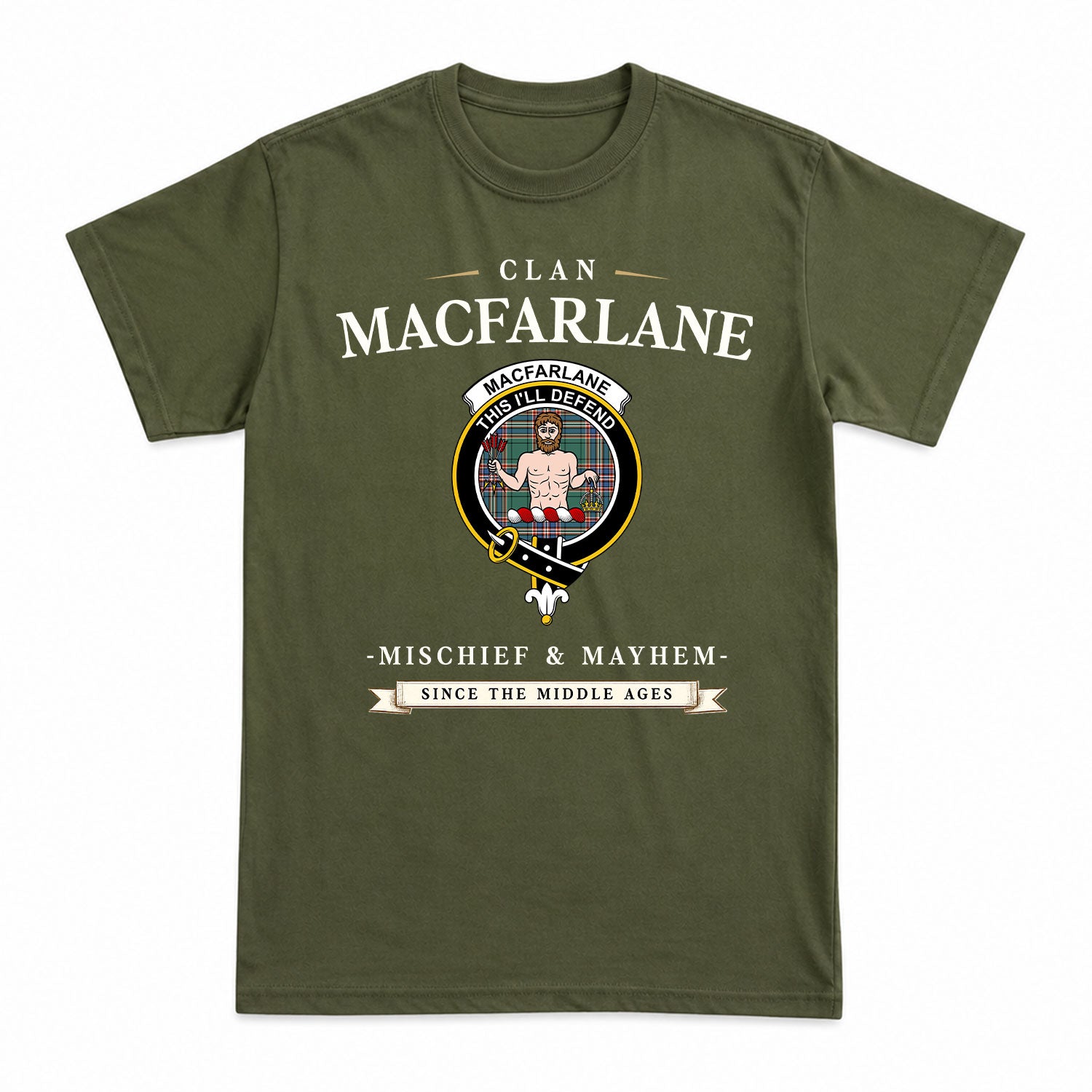 MacFarlane Hunting Ancient Tartan Crest Mischief and Mayhem T-shirt