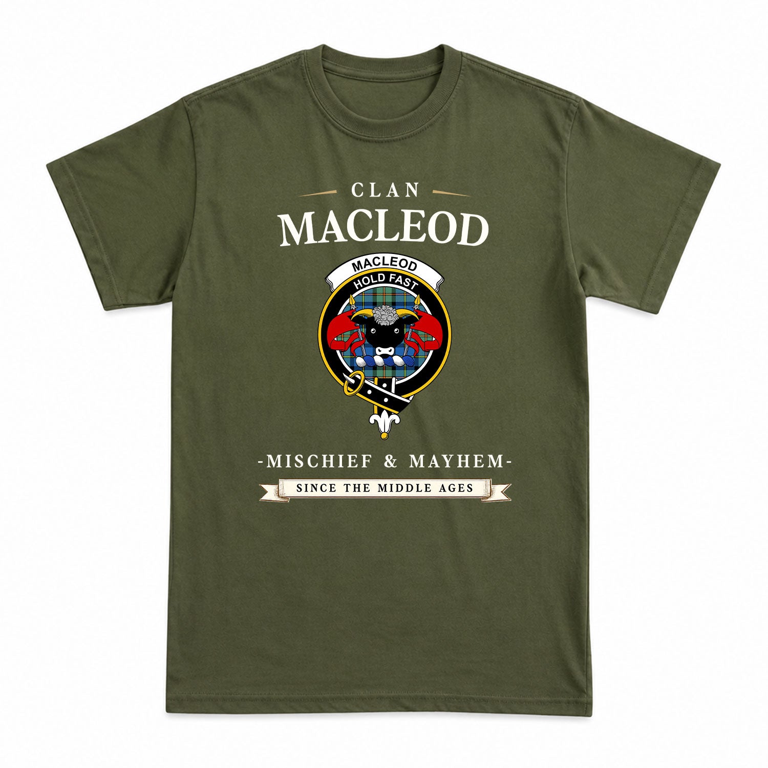 MacLeod of Harris Ancient Tartan Crest Mischief and Mayhem T-shirt