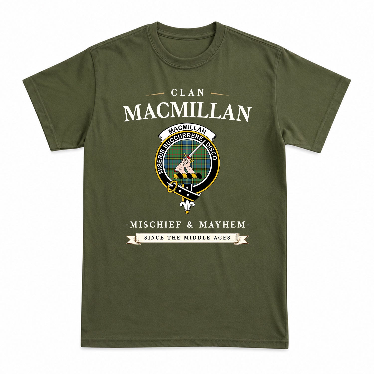 MacMillan Hunting Ancient Tartan Crest Mischief and Mayhem T-shirt