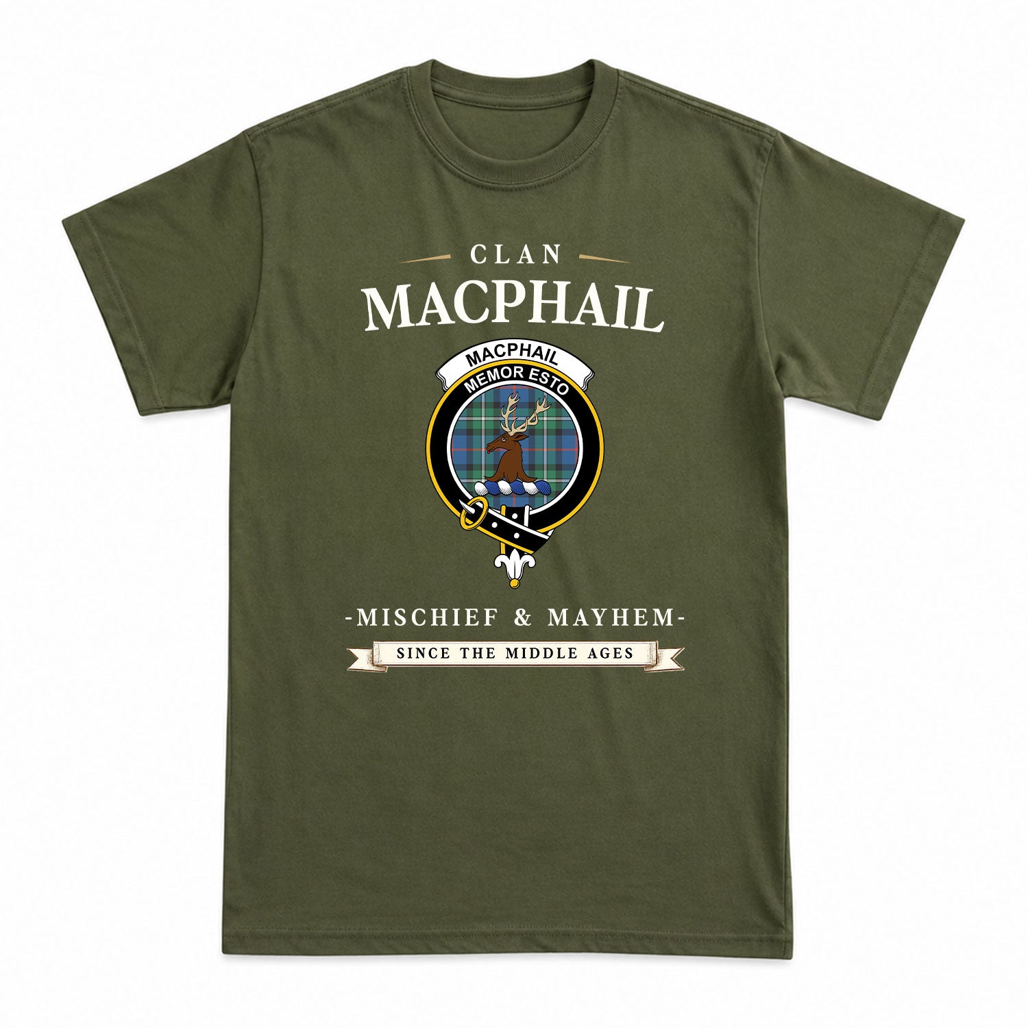 MacPhail Hunting Ancient Tartan Crest Mischief and Mayhem T-shirt