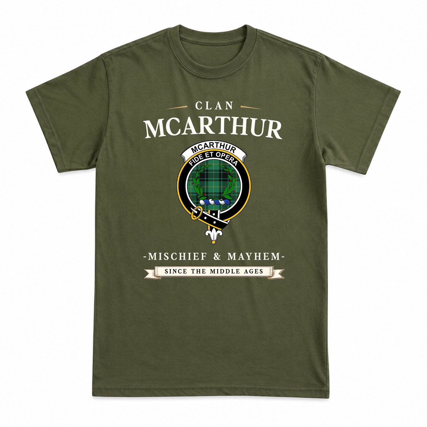McArthur Ancient Tartan Crest Mischief and Mayhem T-shirt