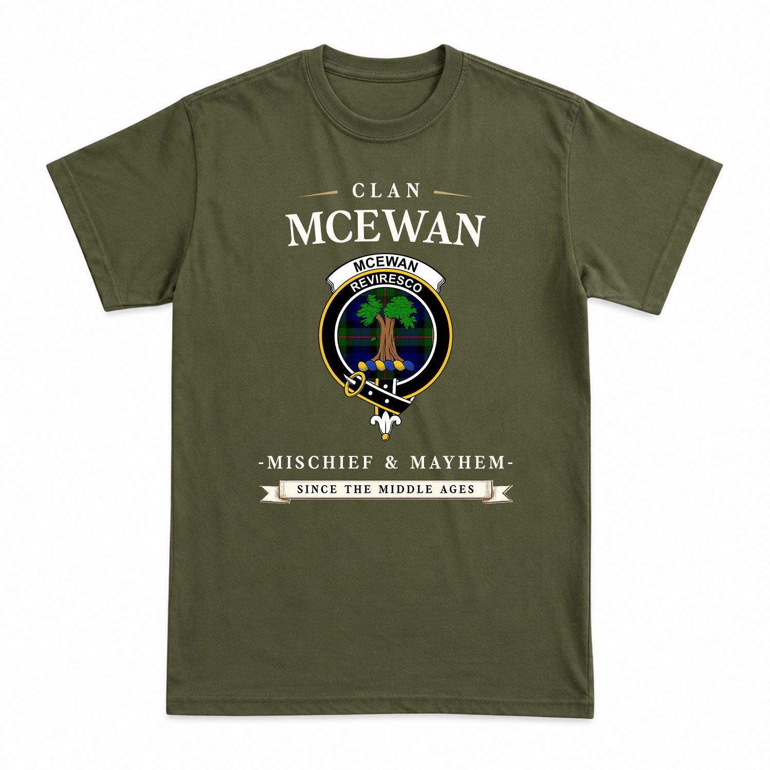 McEwan Modern Tartan Crest Mischief and Mayhem T-shirt