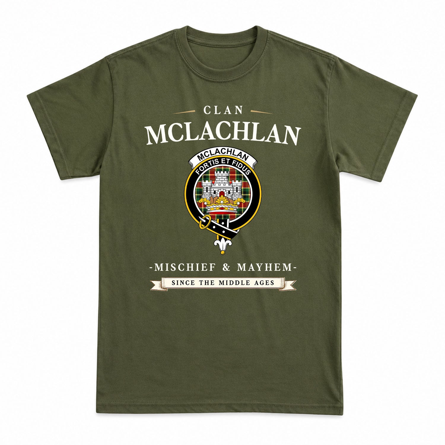 McLachlan Hunting Modern Tartan Crest Mischief and Mayhem T-shirt