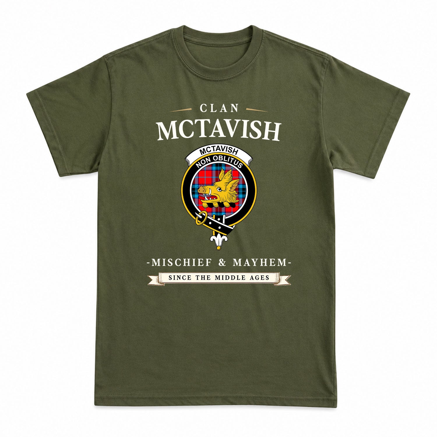 McTavish Modern Tartan Crest Mischief and Mayhem T-shirt