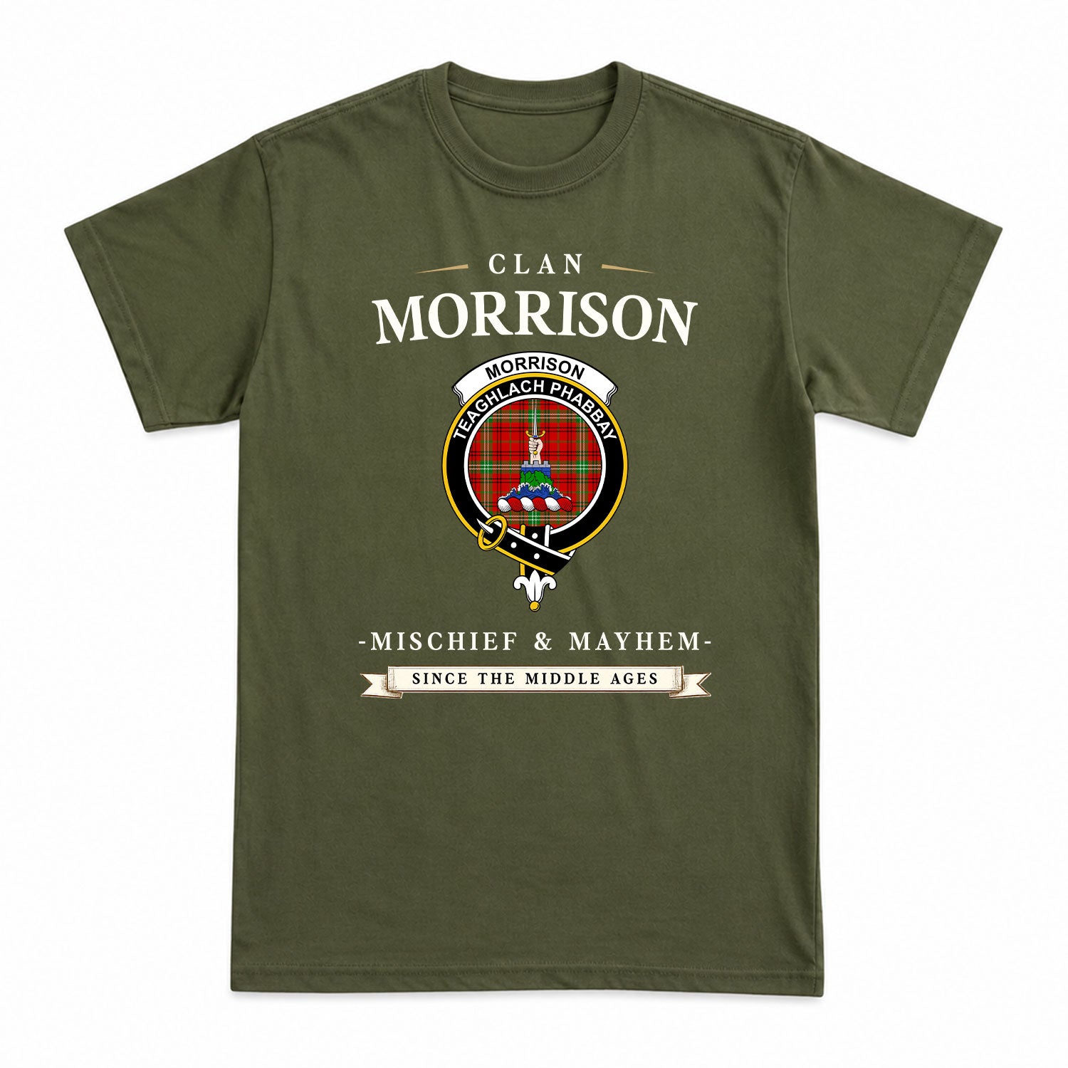 Morrison Red Modern Tartan Crest Mischief and Mayhem T-shirt