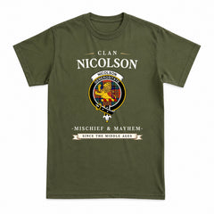 Nicolson Ancient Old Tartan Crest Mischief and Mayhem T-shirt
