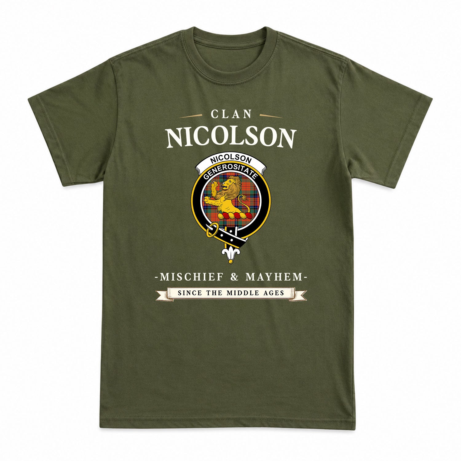 Nicolson Ancient Tartan Crest Mischief and Mayhem T-shirt