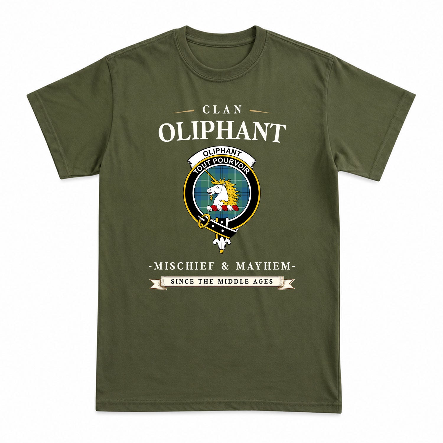 Oliphant Ancient Tartan Crest Mischief and Mayhem T-shirt