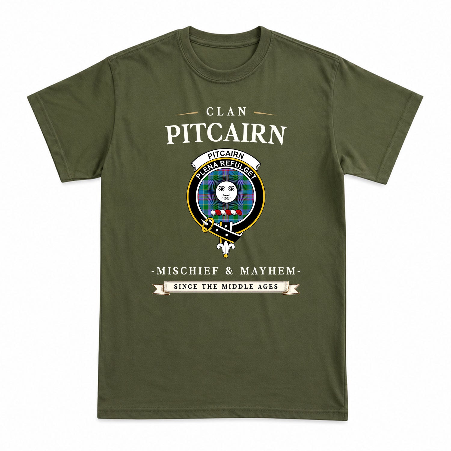 Pitcairn Hunting Tartan Crest Mischief and Mayhem T-shirt