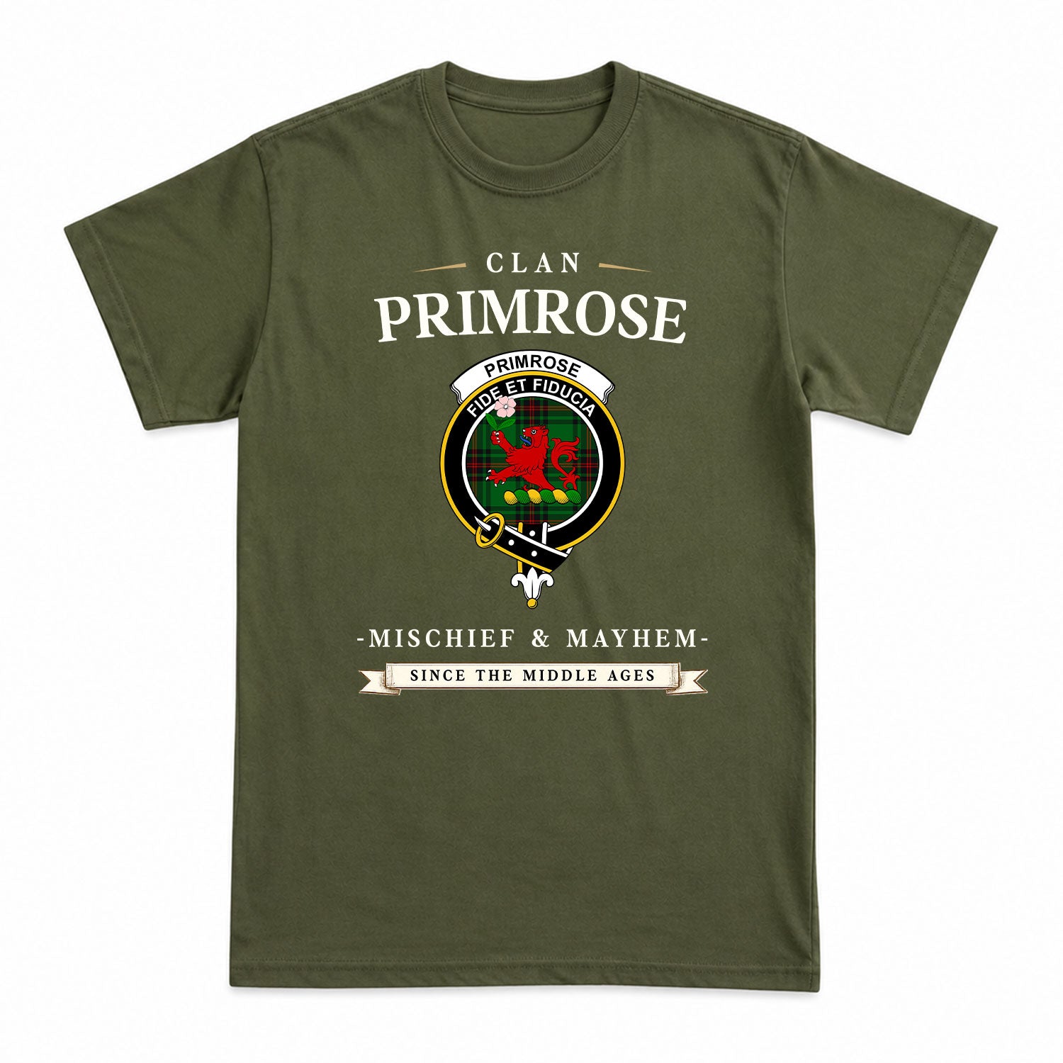 Primrose Tartan Crest Mischief and Mayhem T-shirt